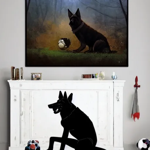 Image similar to a humanoid german shepherd beast - man, sitting and watching a soccer match in his house on television, he has hurt his knee and is a dad, by erin hanson, alexi zaitsev, karl spitzweg, award winning, tv set