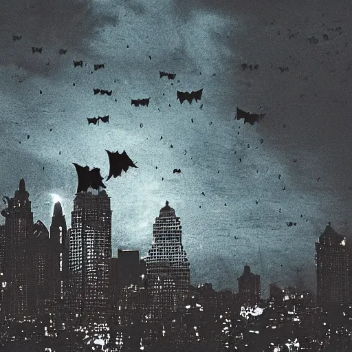 Prompt: a premonition of a bat, lit up the sky of the gloomy, darkened city