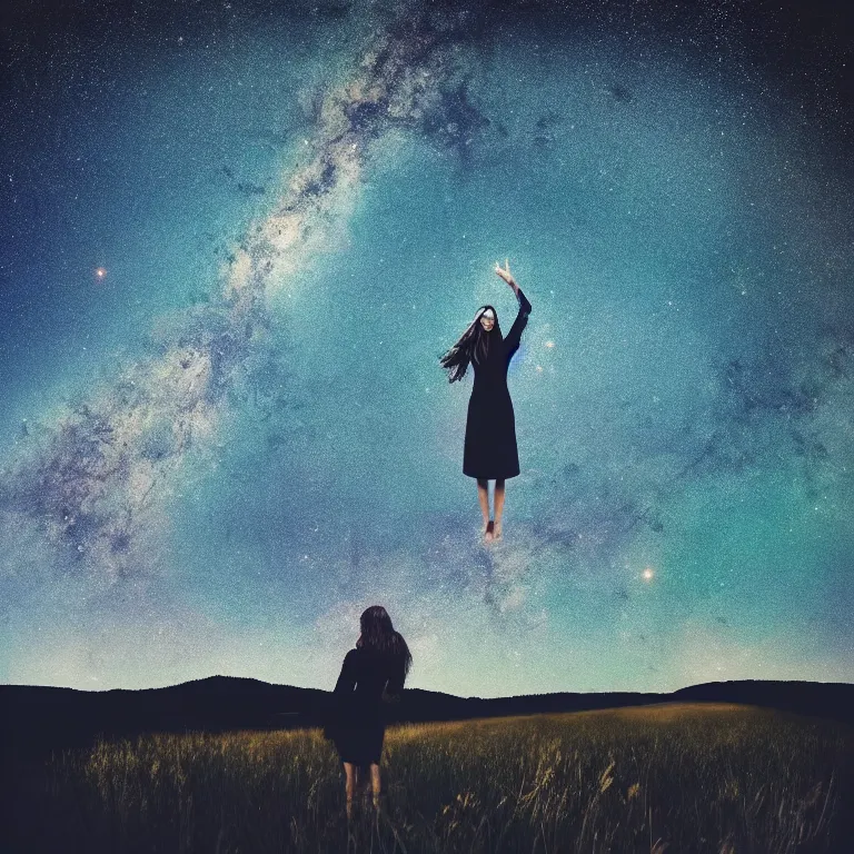 Image similar to album cover!, with text! kosmichna vystava!, a beautiful landscape of a starry sky with an beautiful woman waving to the horizon, cinematic, dramatic, photojournalism, highly detailed