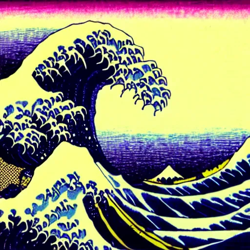 Prompt: digital waves woodblock print by the Japanese ukiyo-e artist Hokusai, matrix, binary, cyberpunk, synthwave