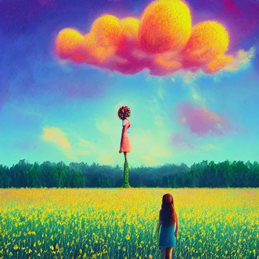 Image similar to giant flower head, girl standing in flower field, surreal photography, big trees, sunrise dramatic light, impressionist painting, colorful clouds, digital painting, pointillism, artstation, simon stalenhag