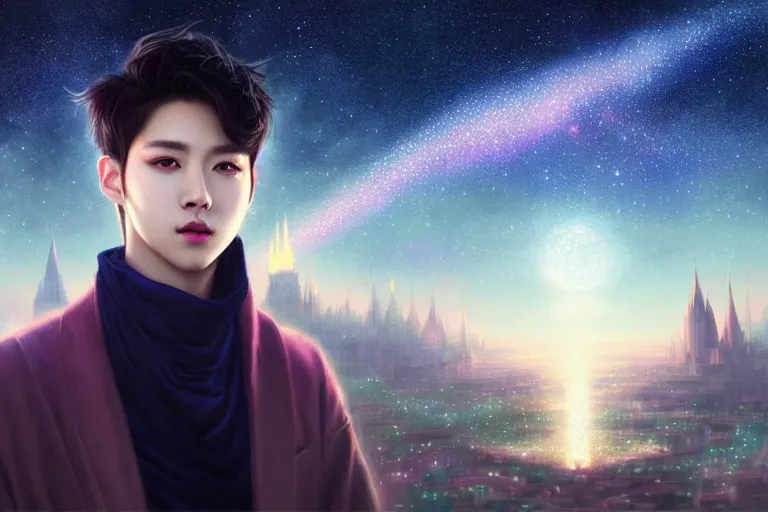 Prompt: masterpiece portrait charming and miracle male luxury astromancer in dreamlike movie, kpop, miracle, high detailed face, art by artgerm, greg rutkowski, sasoura, satchely, big major starry sky and city in background, uhd, medium long shot, fantasy, twlight, no distorsion, sharp focus