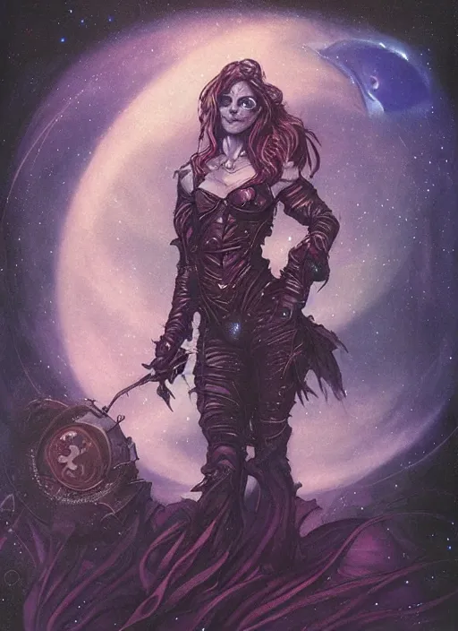 Image similar to portrait of female space pirate, night sky background, beautiful! coherent! by brom, by brian froud, deep color, strong line, high contrast