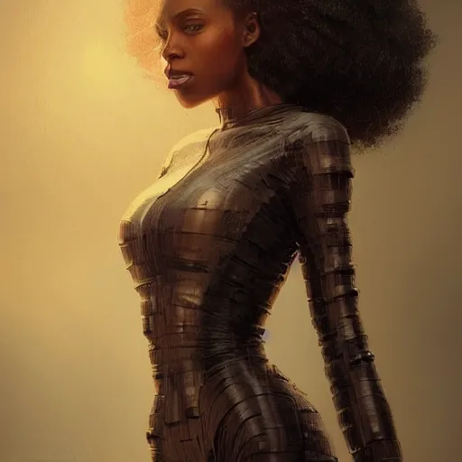 Image similar to Portrait of a woman by Greg Rutkowski, she is about 30 years old, mulato, afro hair, attractive and beautiful, wifey material, she is wearing a futuristic lawyer outfit, highly detailed portrait, scifi, digital painting, artstation, concept art, smooth, sharp foccus ilustration, Artstation HQ