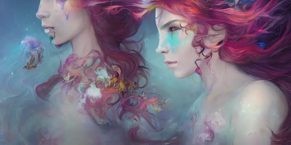 Prompt: a colorful and provenance portrait painting of a fantasy female with floral wings, detailed, highly detailed, hair made of hair made of air wind and curling smoke, mist, dust, genie, spirit fantasy concept art ， art by charlie bowater and by aenami, trending on artstation.
