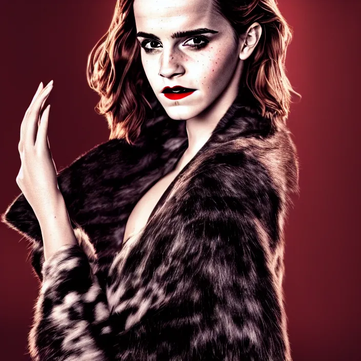 Image similar to photographic portrait face of Emma Watson as Cruella Devil, high light on the left, illuminated by a dramatic light, Low key lighting, light dark, High constrast, dramatic , Steve Mccurry, Greg Rutkowski, Alphonse Mucha, high quality, photo-realistic, four fingers maximum ,8K