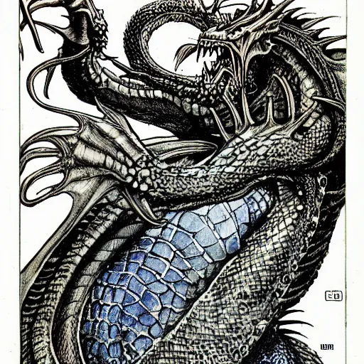 Image similar to head and shoulders portrait of a medieval d & d fantasy anthropomorphic blue dragon - headed sorcerer, comic book cover art by hr giger and frank miller