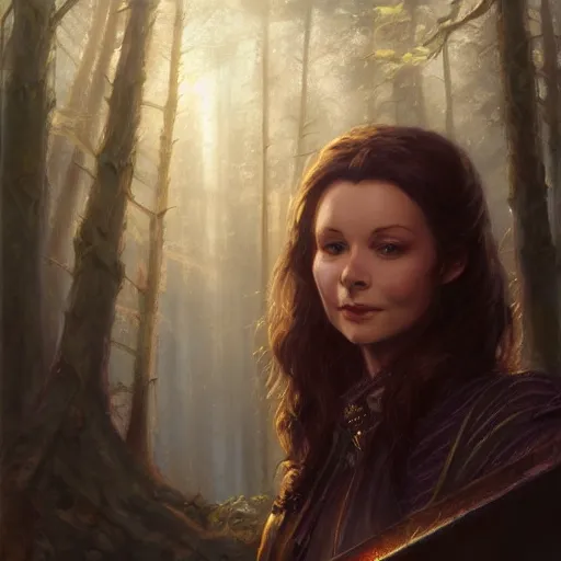 Image similar to closeup portrait of a young vivian leigh as a wizard casting magic, forest background, megacity, high fantasy, dramatic light, gorgeous view, depth, high detail, digital art, painted by greg rutkowski, trending on artstation