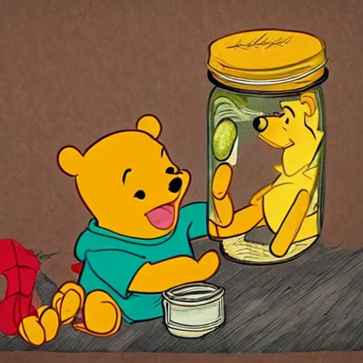 Image similar to winnie the pooh, opening a jar of pickles, realistic art style