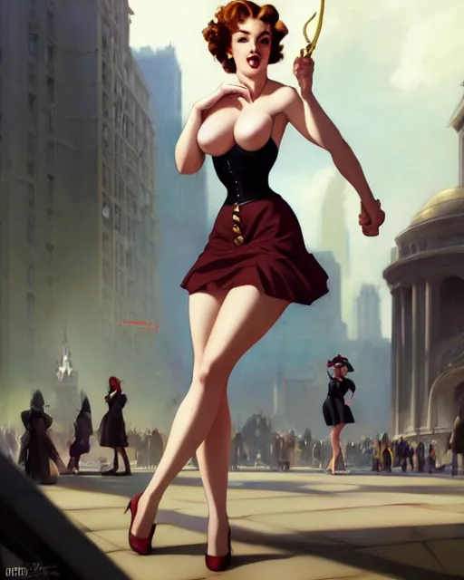 Image similar to pinup photo of hermione jean granger in the crowded square of the city, by greg rutkowski, artgerm, gil elvgren, enoch bolles, glossy skin, pearlescent, anime, very coherent, sao style anime, flat