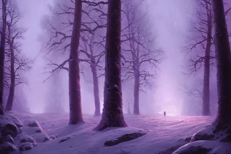 Image similar to a beautiful oil painting of a valley covered in snow, trees with purple, thunderstorm in the sky, blue lighting, gloomy, atmospheric lighting, detailed, beautiful!!, purple bioluminescence, by greg rutkowski, trending on artstation