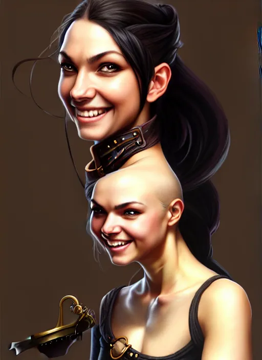 Prompt: a _ fantasy _ style _ portrait _ painting _ of woman, ponytail black hair, smile, round face, steampunk rpg dnd oil _ painting _ unreal _ 5 _ daz. _ rpg _ portrait _ extremely _ detailed _ artgerm _ greg _ rutkowski _ greg