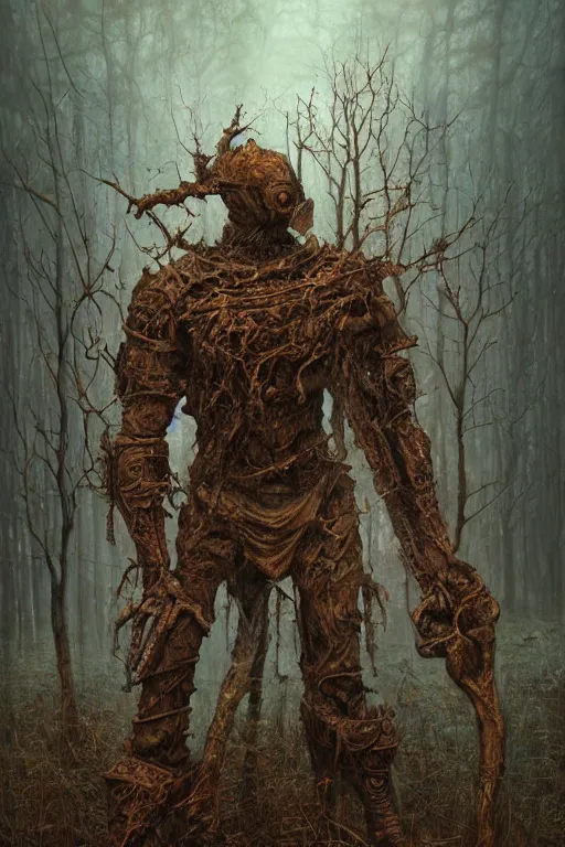 Image similar to a rusted swamp knight contorted with wood and sludge by tomasz alen kopera.