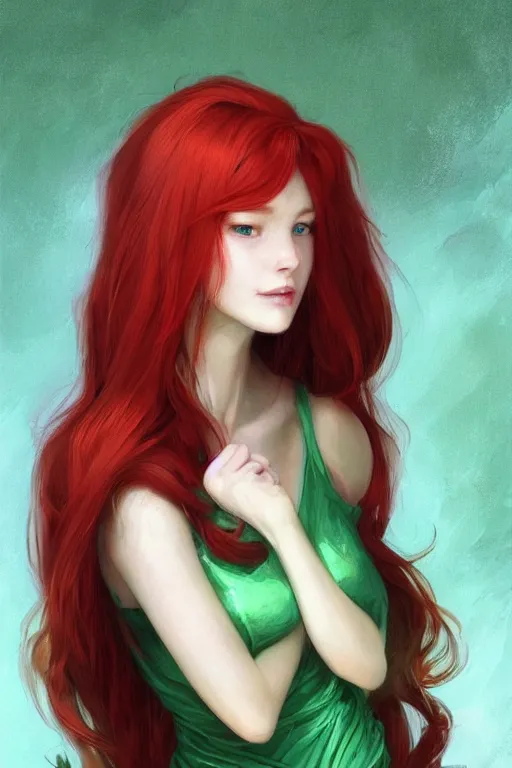 Prompt: beautiful cute red haired joyful and playful 1 9 year old maiden standing up in a green dress, long hair, rpg character, sci - fi, fantasy, intricate, elegant, digital painting, artstation, concept art, smooth, 8 k frostbite 3 engine, ultra detailed, art by artgerm and greg rutkowski and magali villeneuve