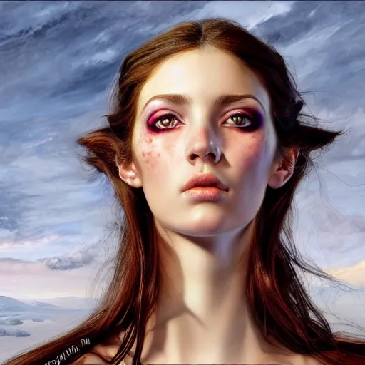 Prompt: high quality extremely detailed portrait of a young gorgeous female warlock looking away from the camera, detailed eyes, sparkle in eyes, no hands visible, fantasy, d & d, painting by lucian freud and mark brooks, hd