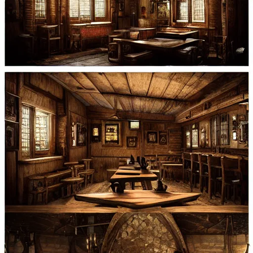 Image similar to Realistic Interior Concept design of very very very highly detailed Tavern in Mixed style of Medieval and in style of Cyberpunk, Many details by Hiromasa Ogura. More cyberpunk less Medieval. Panorama 360 degrees Rendered in unreal engine 5, artstationHD, 4k, 8k, 3d render, 3d Houdini, cinema 4d, octane RTX volumetric natural light without Yellow hue