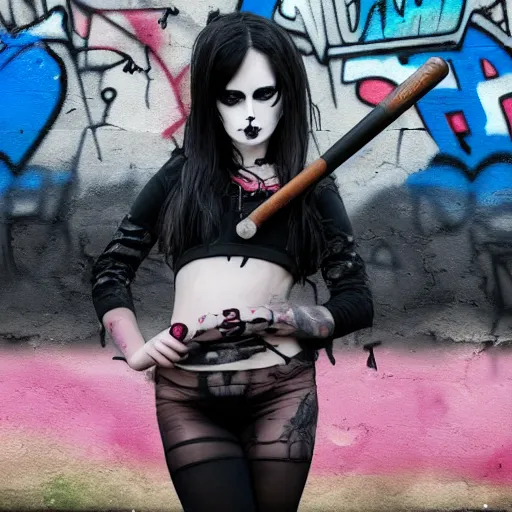 Prompt: a goth girl standing, graffiti background, holding baseball bat with nails