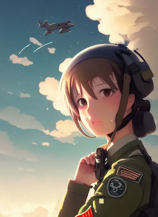 Image similar to portrait of cute pilot girl, smoky sky background, lush landscape, illustration concept art anime key visual trending pixiv fanbox by wlop and greg rutkowski and makoto shinkai and studio ghibli and kyoto animation, soldier clothing, military gear, airplane robot, war machine, sky girls series