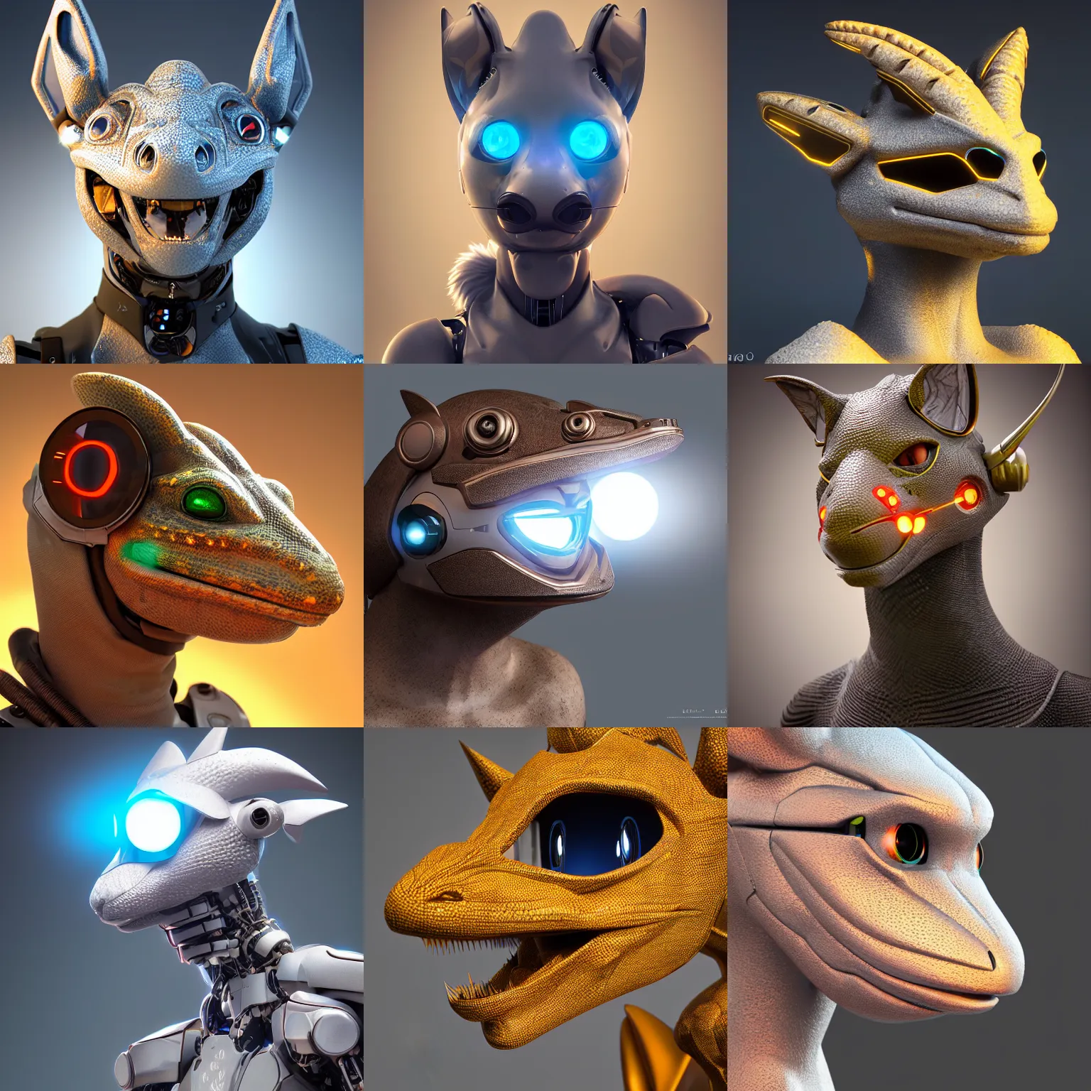 Prompt: very very beautiful furry art, bust profile picture of a robotic anthro lizard, visor screen for face, horns with indicator lights, smooth shapes, commission on furaffinity, cgsociety, octane render