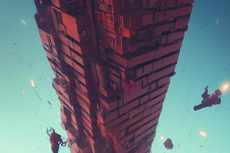 Image similar to man falling from the top of the building, sci fi, art by mike winkelmann, trending on cgsociety, retrofuturism, darksynth, sci - fi, red, black, poster