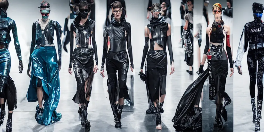 Image similar to catwalk fashion in cyberpunk style