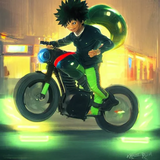 Image similar to realistic Izuku Midoriya riding a neon electric bike, Greg Rutkowski