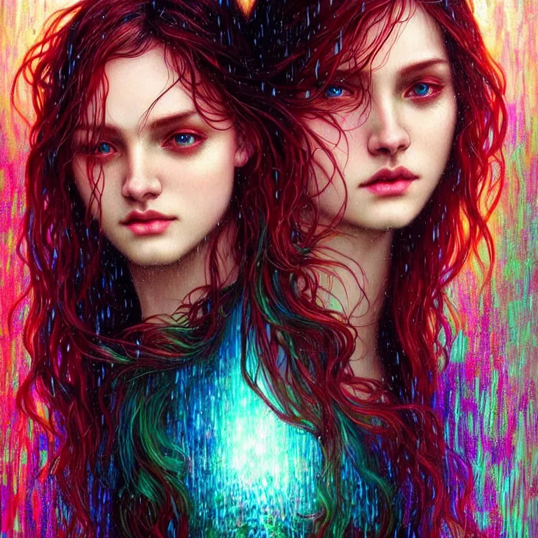 Image similar to bright asthetic portrait LSD glowing backlit rain on face and wet hair, fantasy, intricate, elegant, dramatic lighting, highly detailed, lifelike, photorealistic, digital painting, artstation, illustration, concept art, smooth, sharp focus, art by John Collier and Albert Aublet and Krenz Cushart and Artem Demura and Alphonse Mucha