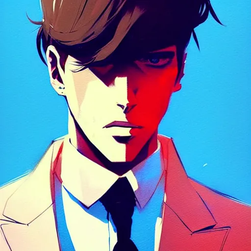 Image similar to a ultradetailed portrait painting of a stylish man wearing suit outfit, by conrad roset, greg rutkowski and makoto shinkai trending on artstation