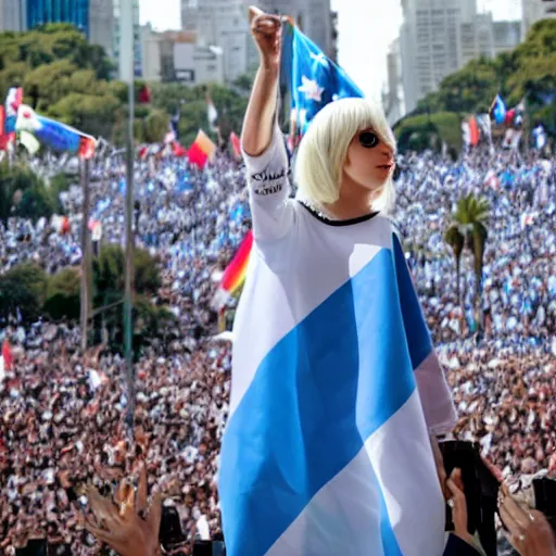 Image similar to Lady Gaga as president, Argentina presidential rally, Argentine flags behind, bokeh, giving a speech, detailed face, Argentina