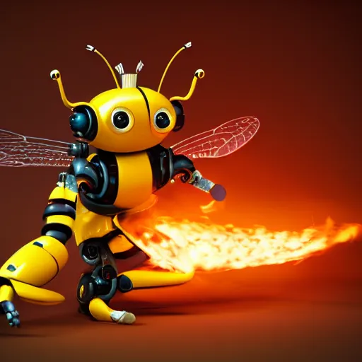 Image similar to full shot,a painting of cute robot bee with big eyes made of flame,Ford, Henry Justice,trending on artstation,3d octane render,High detail