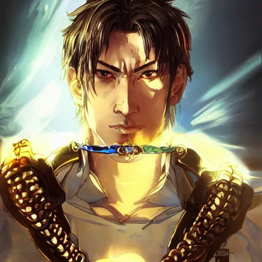 Image similar to portrait of a hero holding his sword in front of his face by yoji shinkawa, high quality, extra details, realism, ornate, colored, golden chain, blood, white skin, short hair, brown eyes, vivid, sunlight, dynamic,