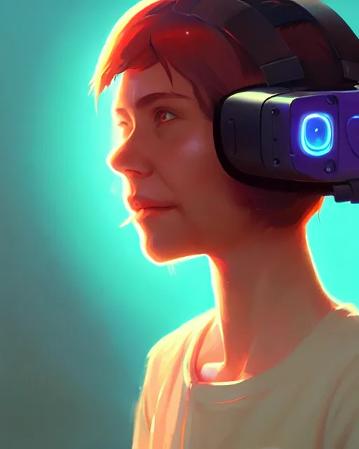 Image similar to highly detailed vfx portrait of a character wearing a vr headset, stephen bliss, unrealengine, greg rutkowski, loish, rhads, beeple, makoto shinkai and lois van baarle, ilya kuvshinov, rossdraws, tom bagshaw,