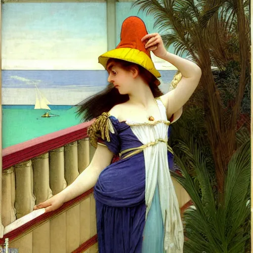 Image similar to A girl with jester hat and clothes on the front of a Balustrade with a beach on the background, major arcana clothes, by paul delaroche, alphonse mucha and arnold böcklin arnold böcklin hyperrealistic 8k, very detailed