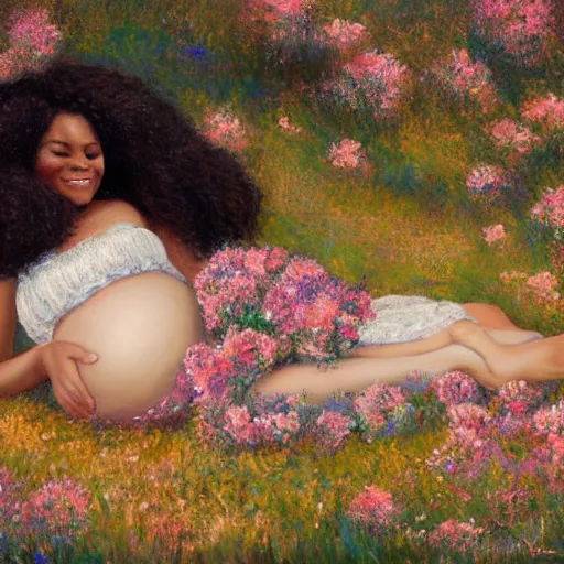 Image similar to pregnant black woman with curly hair in a vast field of flowers, laying down, a tiny black puppy running around, golden hour, vintage, impressionist painting, fine art, oil painting, dreamy, pastel, laughing, happy, intricate details, sharp, peaceful, serene