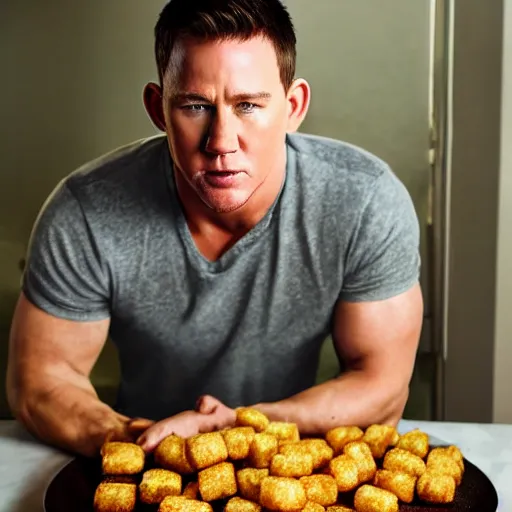 Image similar to food photo of channing tatum's face on top of giant tater tot on a plate with ketchup