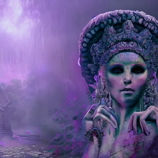 Image similar to a beautiful detailed 3d matte painting of female goddess of the dead, ominous, magical realism, texture, intricate, purple torn fabric, radiant colors, fantasy, trending on artstation, volumetric lighting, micro details, 3d sculpture, ray tracing