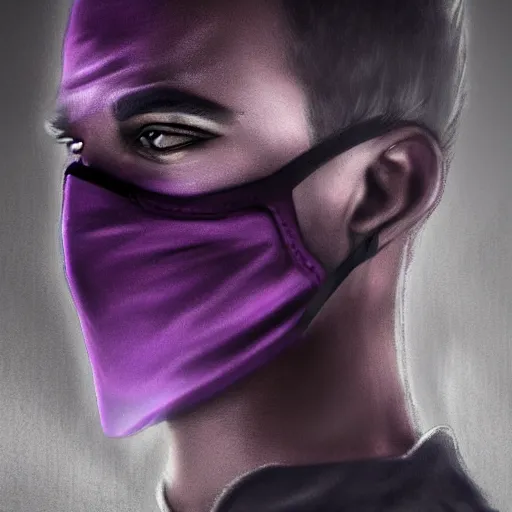 Prompt: professional digital art of a stylish young adult man with a black face mask, earrings, and dark clothes, high quality, HD, 8K, highly detailed, award-winning, sci-fi, fantasy, movie character, concept art, fashion, dark purple clouds, night