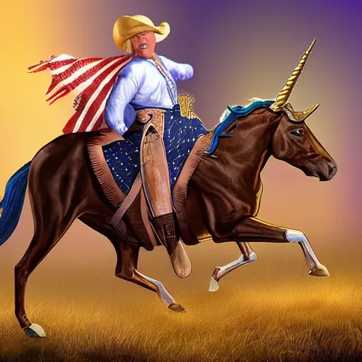 Image similar to Trump dressed as a cowboy riding a unicorn into a medieval battle against Nancy Pelosi, Digital Art