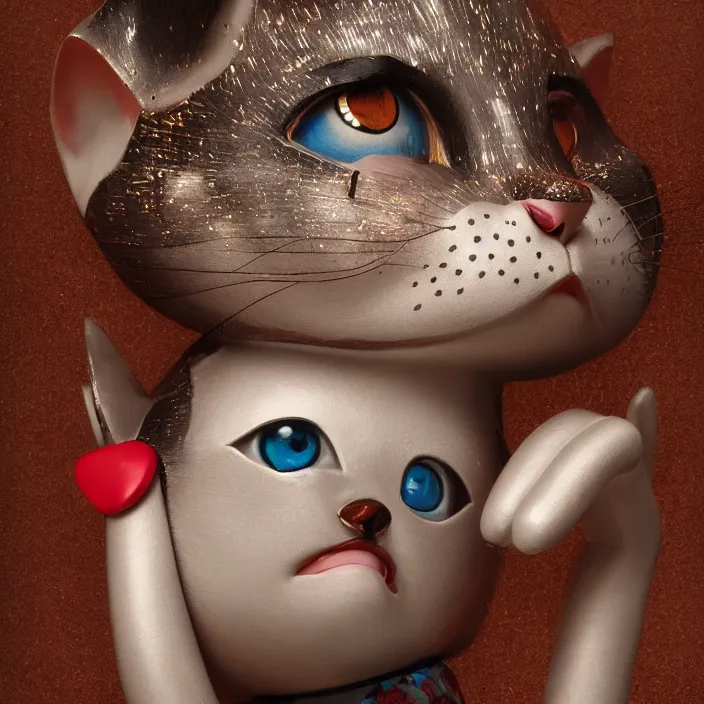 Image similar to closeup face profile portrait of a tin toy cat eating cakes, depth of field, zeiss lens, detailed, symmetrical, centered, fashion photoshoot, by nicoletta ceccoli, mark ryden, lostfish, breathtaking, 8 k resolution, extremely detailed, beautiful, establishing shot, artistic, hyperrealistic, octane render