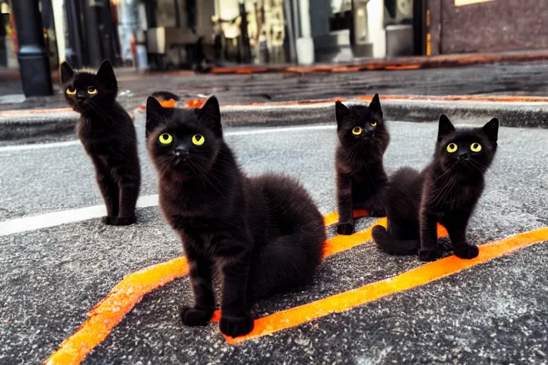 Prompt: a bunch of black kittens with beautiful glowing orange eyes, in the city having a great time, award winning photo, 4k very sharp and detailed
