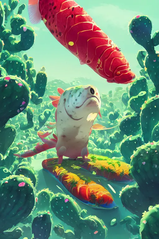 Image similar to 3 d render creature animal sushi cristal very big eye roots cactus elemental flush of force nature micro world fluo fishscale, comics gta 5 cover, official fanart behance hd artstation by jesper ejsing, by rhads, makoto shinkai and lois van baarle, ilya kuvshinov, ossdraws