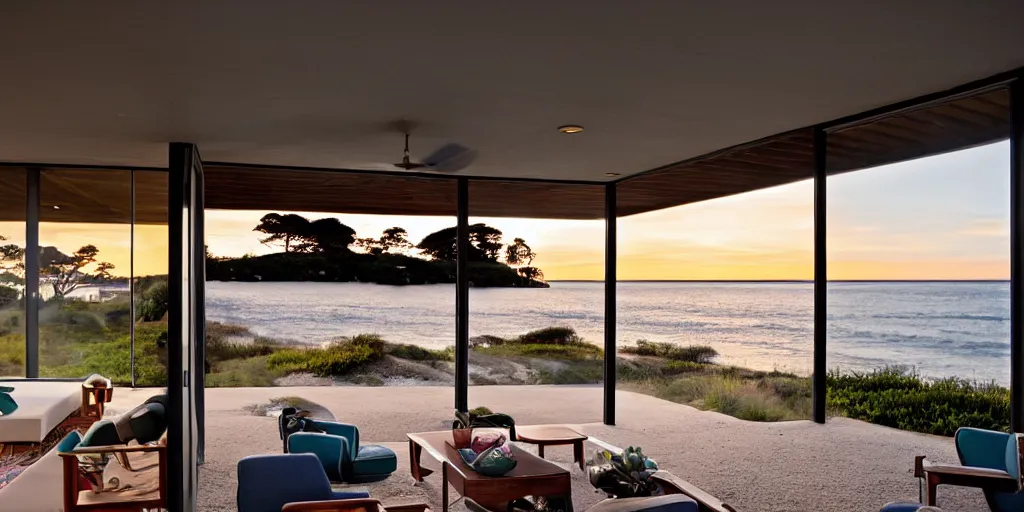 Prompt: a mid-century Eichler Home on a beach at sunset with view of the ocean, mid-century modern furniture, ceiling beams, sunset magazine, dwell magazine, intricate, extreme detail, photorealistic, 35mm lens, professional photography, award winning architectural photography