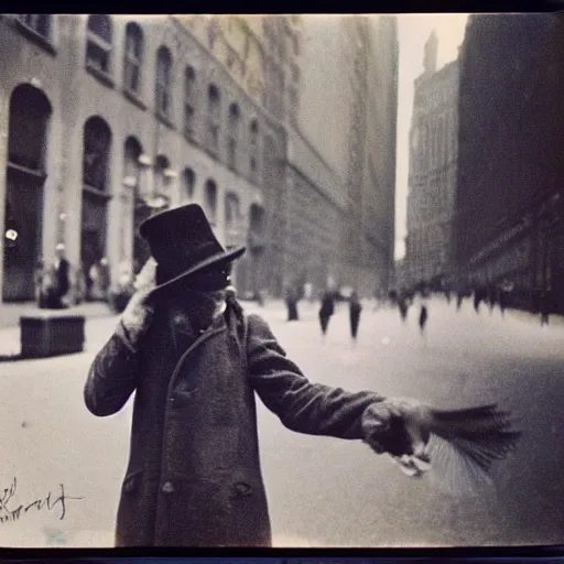 Image similar to wide-shot very low-angle eyesight photo of a pigeon in a hat at the street in New York, polaroid photo, by Andy Warhol, signed