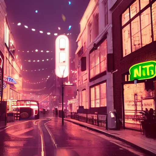 Image similar to street in london filled with neon signs, octane render, trending on artstation, realistic, photorealistic,