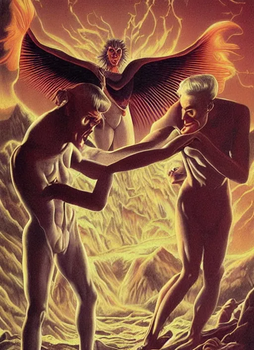 Image similar to twin peaks poster art, david bowie fighting his doppelganger gemini good and evil fantasy by, wayne barlowe, boris vallejo, aaron horkey, old retro pulp, by michael whelan, rossetti bouguereau, artgerm, nostalgic, old fashioned