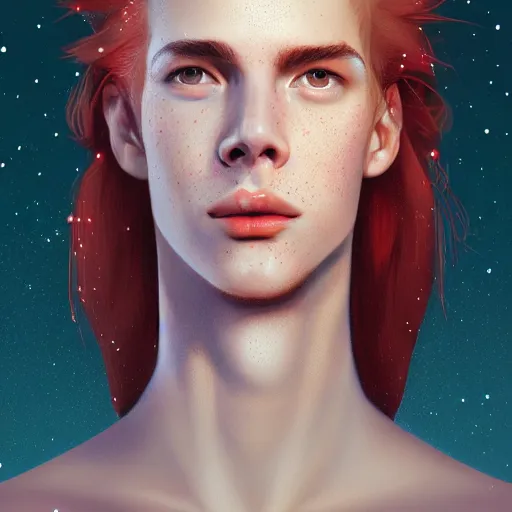 Image similar to portrait of a thin young man with long red hair, ponytail, a lot of freckles on his face, intricate, elegant, glowing lights, highly detailed, digital painting, artstation, concept art, smooth, sharp focus, illustration