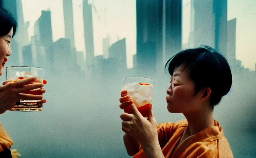 Image similar to cinestill 5 0 d candid photographic portrait by helen levitt of two android women sharing a drink in futuristic china, extreme closeup, modern cyberpunk, dust storm, 8 k, hd, high resolution, 3 5 mm, f / 3 2, ultra realistic faces, intricate detail, ex machina