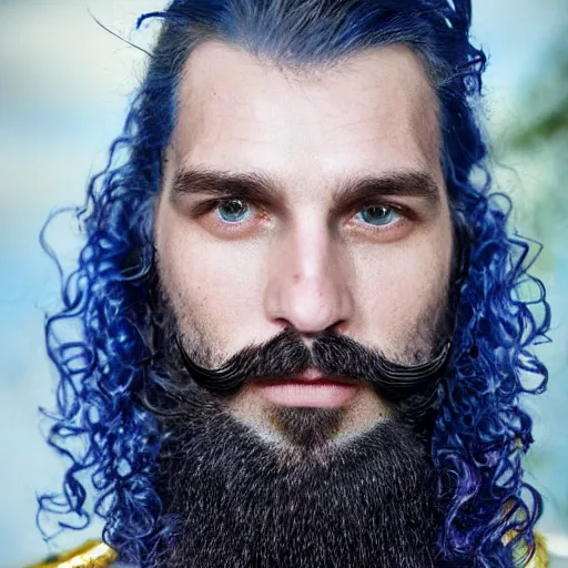 Prompt: Daario is lithe and smooth skinned with bright, deep blue eyes which can appear almost purple. His curly hair reaches his collar, and he keeps his beard cut in three prongs. Daario dyes his hair and trident beard, in blue and other times in deep purple. His fingernails are also enameled blue. His mustachios are painted gold, and he has a large, curving nose. A golden tooth gleams in in his mouth.