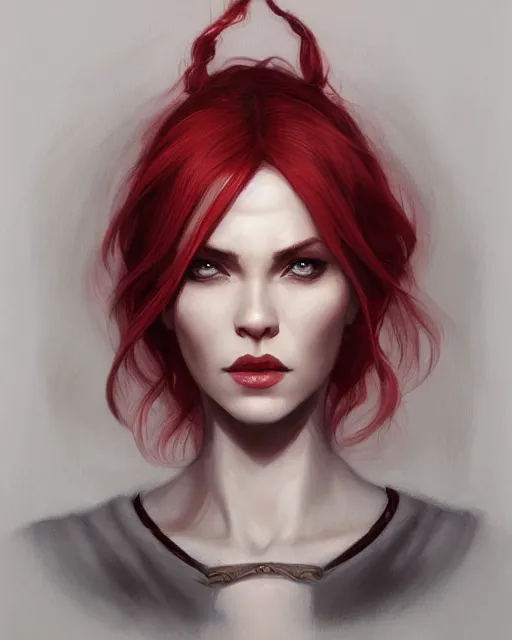 Image similar to a detailed matte oil on canvas head on symmetrical portrait of a distinguished elven woman with red hair on an empty background, by charlie bowater, wlop, trending on artstationhd, dungeons and dragons art, critical role