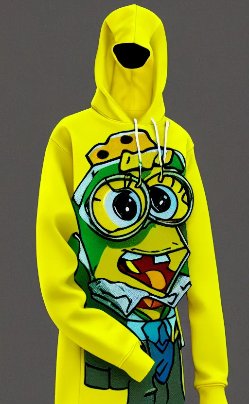 Image similar to spongebob hoodie, yellow and green, trendsetter, fiction, stability, intricate, elegant, 8 k, uhd, justify, artstation, concept art, matte, sharp focus, illustration, consistent, highly detailed object content, proportional object content